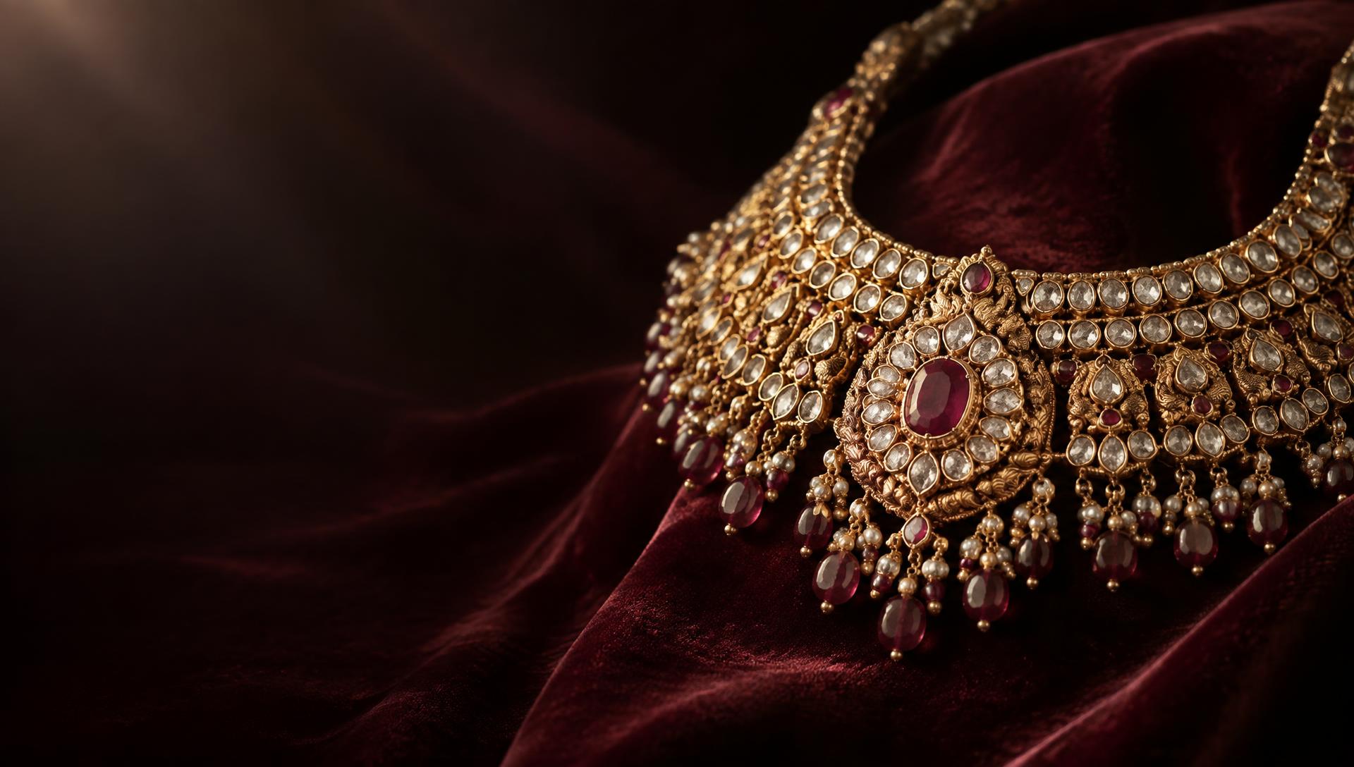 Gold and ruby bridal necklace on burgundy velvet